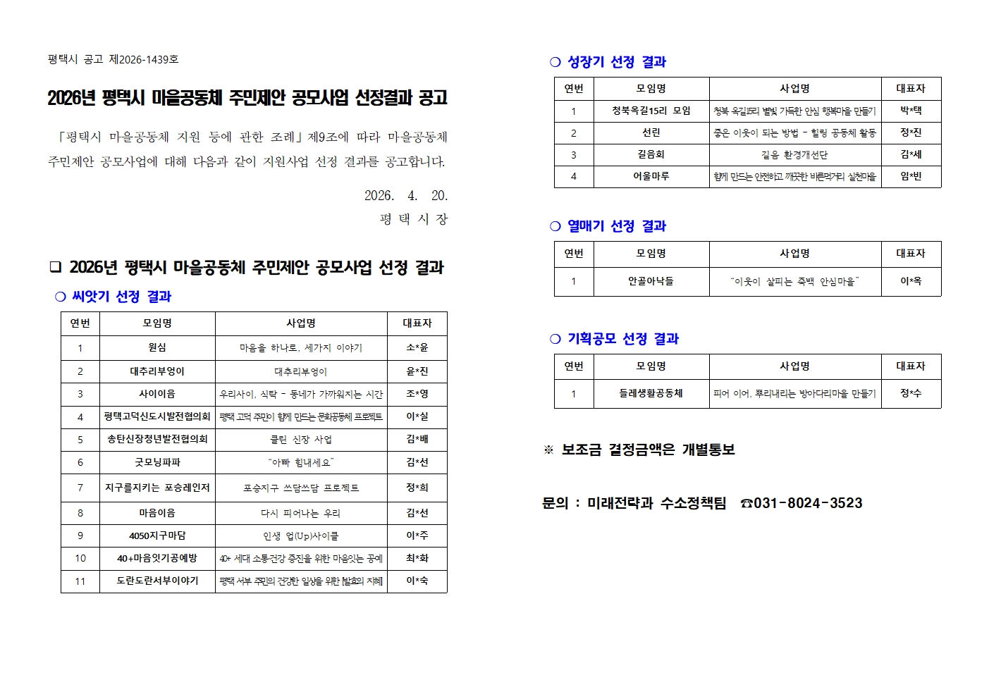 [공고]2026년 평택시 마을공동체 주민제안 공모사업 선정결과 공고