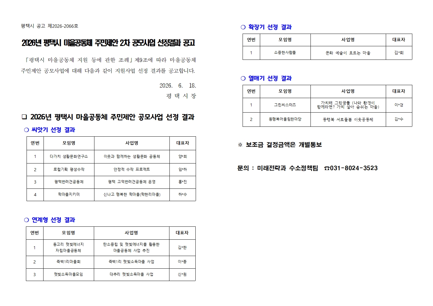 [공고]2026년 평택시 마을공동체 주민제안 공모사업  2차 선정결과 공고