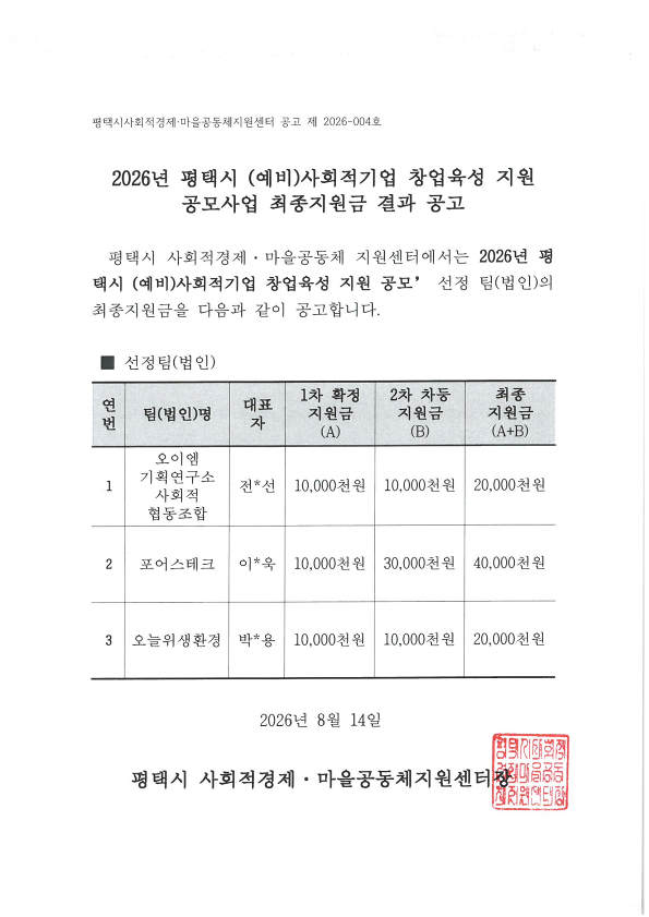 [선정공고]2026년 평택시 (예비)사회적기업 창업육성 지원 공모사업 최종지원금 결과 공고